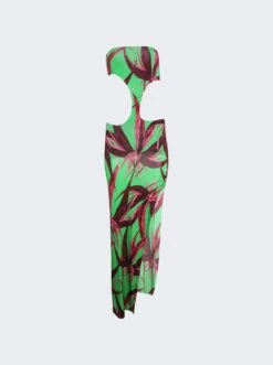 Long Carve Dress Green With Red Flowers