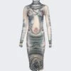Jean Paul Gaultier High Neck Printed Soleil Dress Nude And Blue