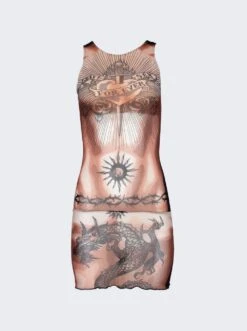 Jean Paul Gaultier Tattoo Printed Sleeves Dress Nude And Black