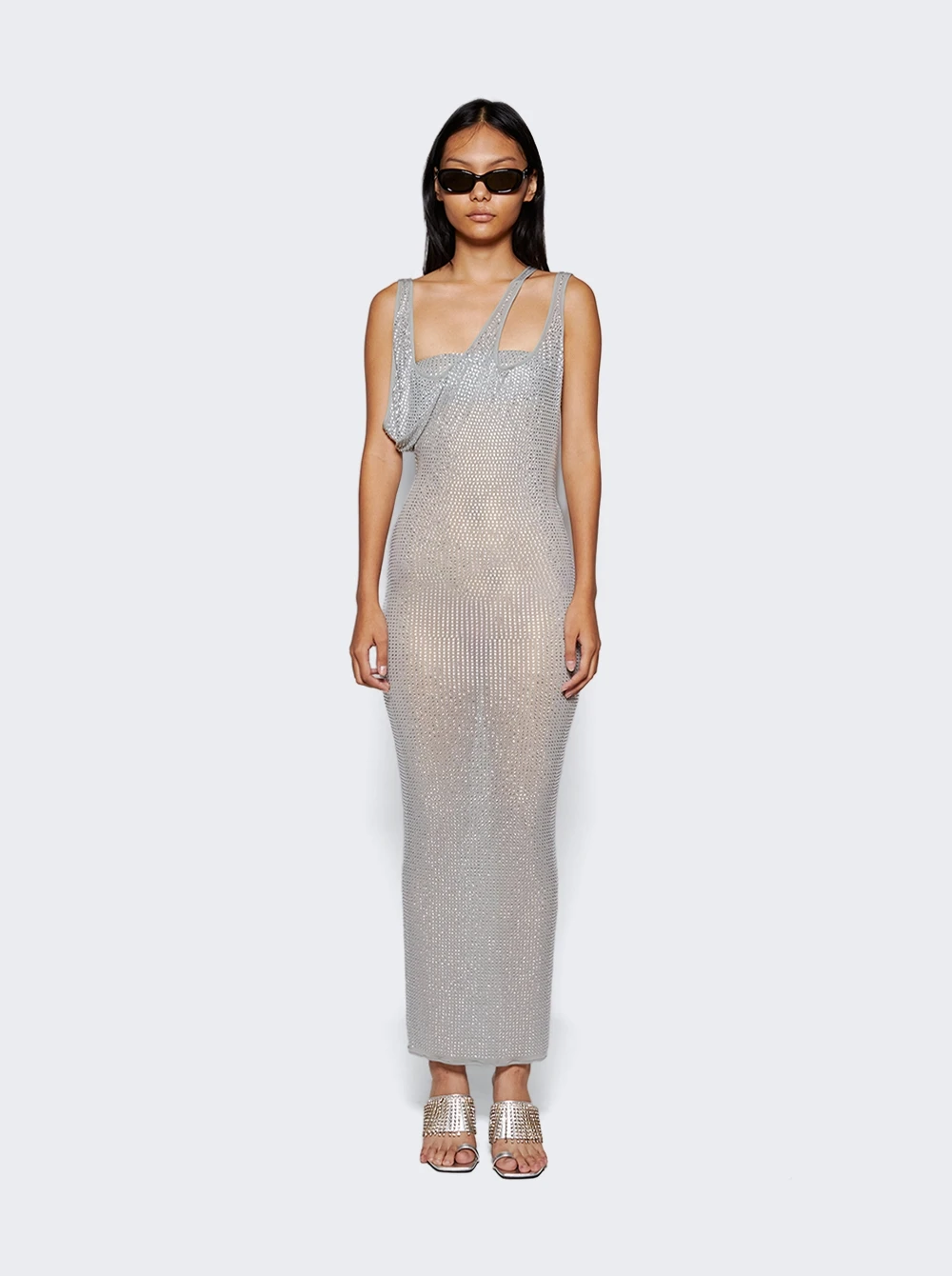 Asymmetric Neckline Midi Dress Pearl Grey - Image 3