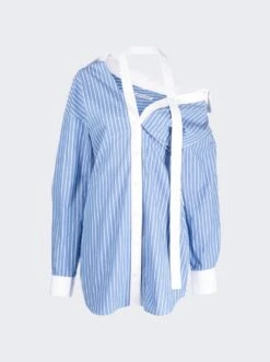 Striped Off-shoulder Shirt Dress Blue And White