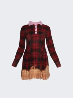 Distressed Check Long Sleeve Dress Red