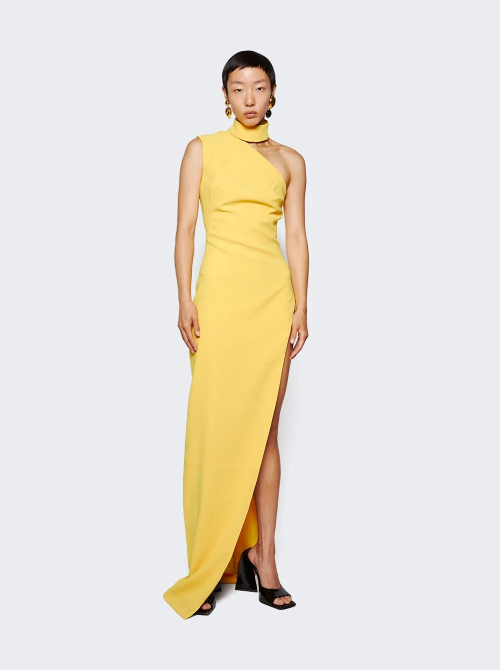 Asymmetrical High Neck Shoulder Dress Yellow - Image 3
