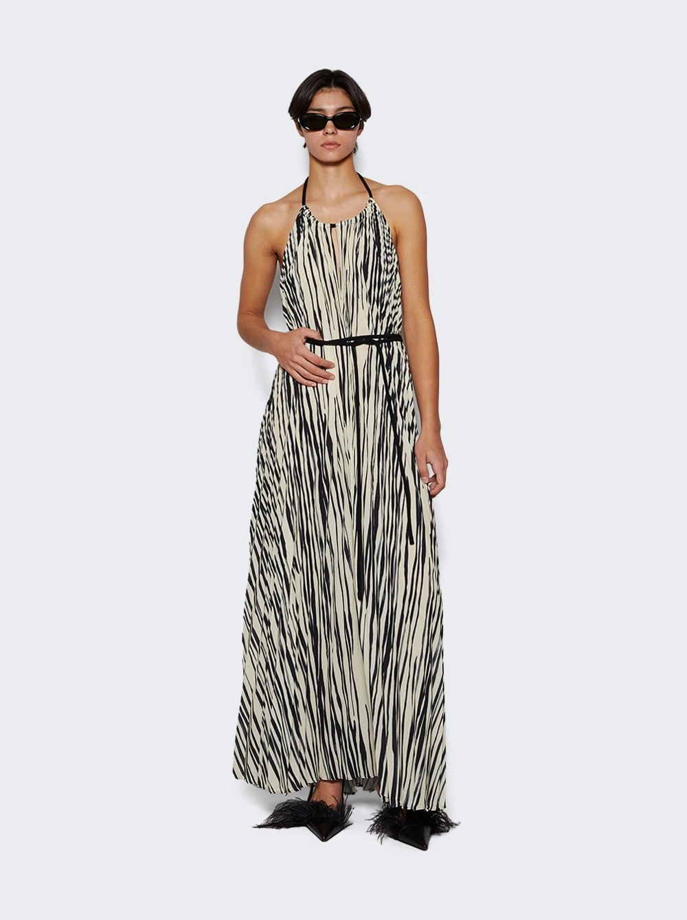 PROENZA SCHOULER Frida Halter Dress In Printed Sheer Pleated Chiffon Ecru - Image 2