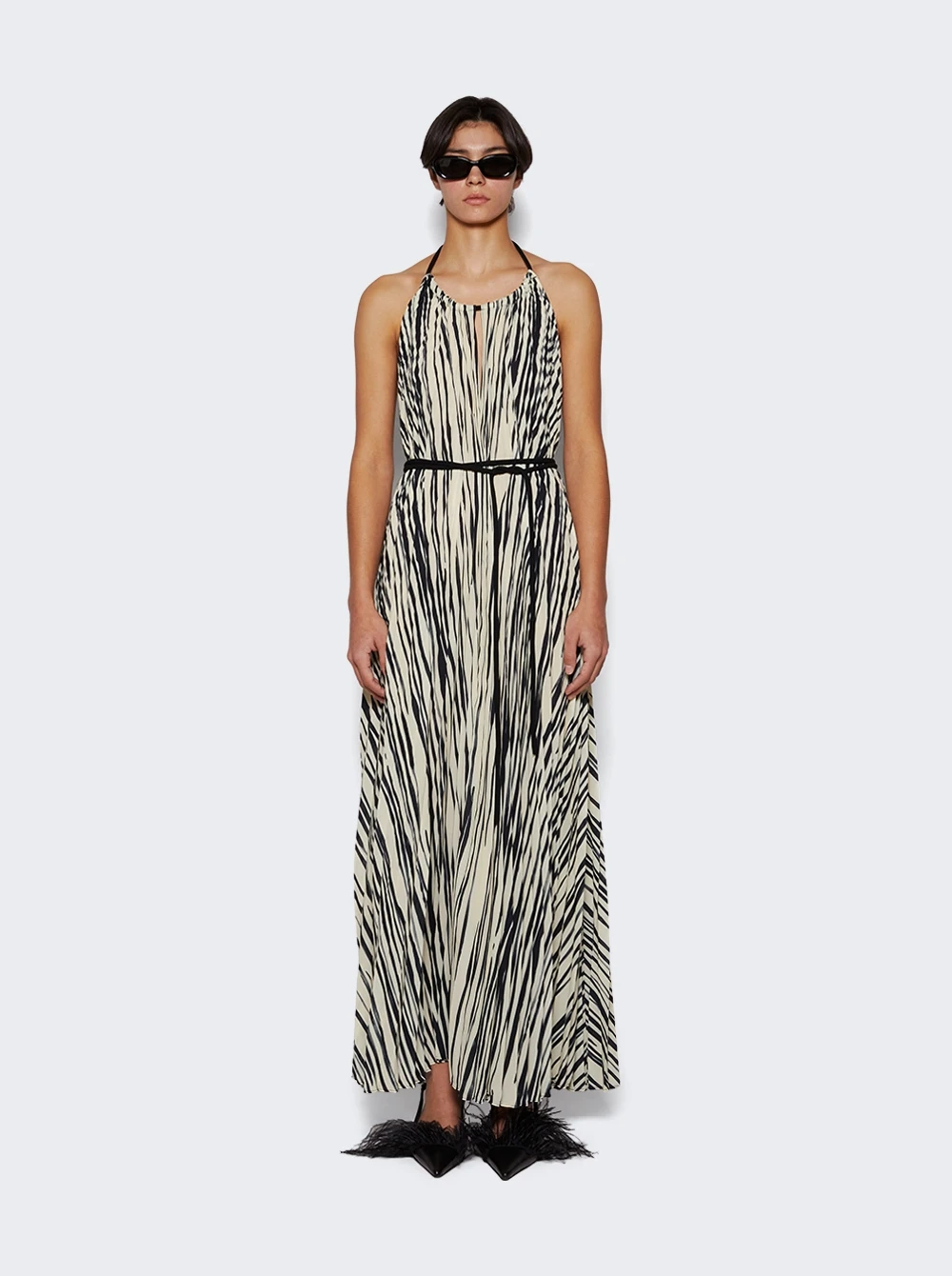 PROENZA SCHOULER Frida Halter Dress In Printed Sheer Pleated Chiffon Ecru - Image 3